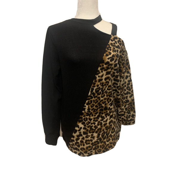 Women's Colorblock Leopard Cold Shoulder Top - Black/Animal Print Size Medium - Picture 8 of 11